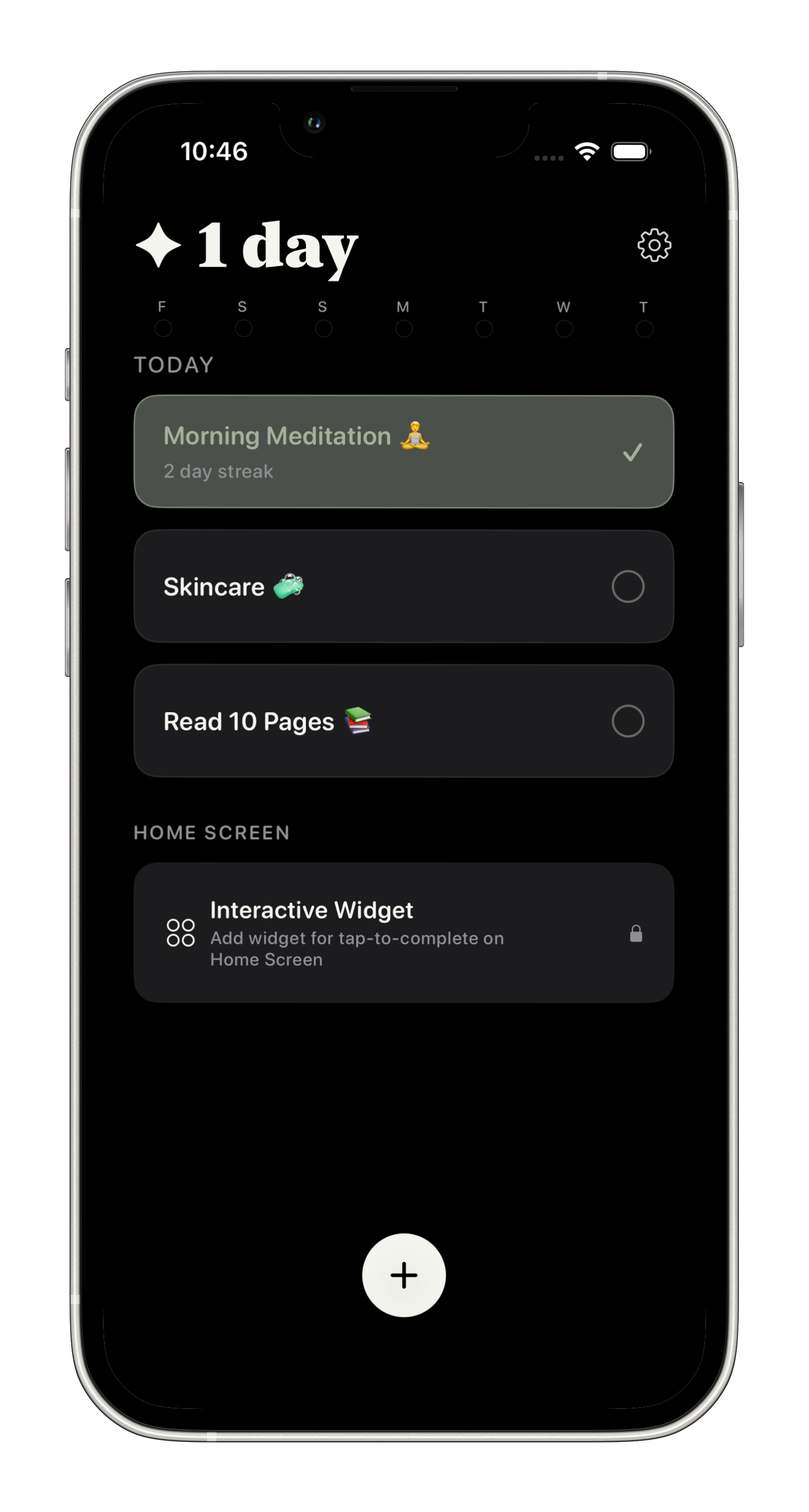 Onyx app showing a 1-day streak with Morning Meditation, Skincare, and Read 10 Pages habits